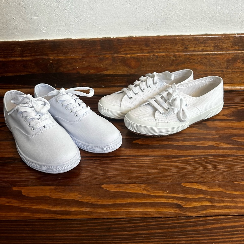 - Two pair of white tennis shoes size 7 superga plus regular tennis shoes